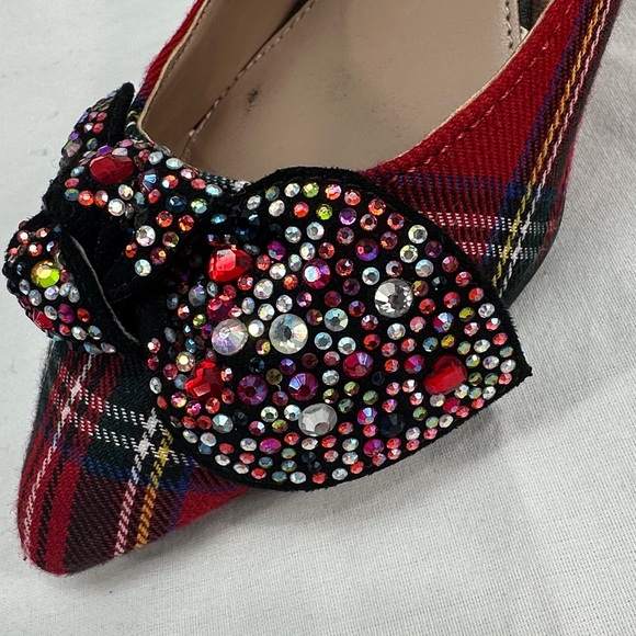 Betsey Johnson Red Tartan Plaid Lexie Kitten Heels Rhinestone Bows Shoes Sz 6m - Picture 13 of 13
